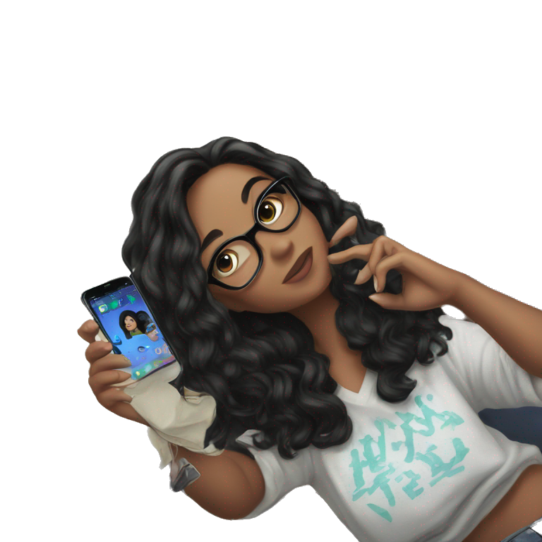 girl with black hair holding phone emoji