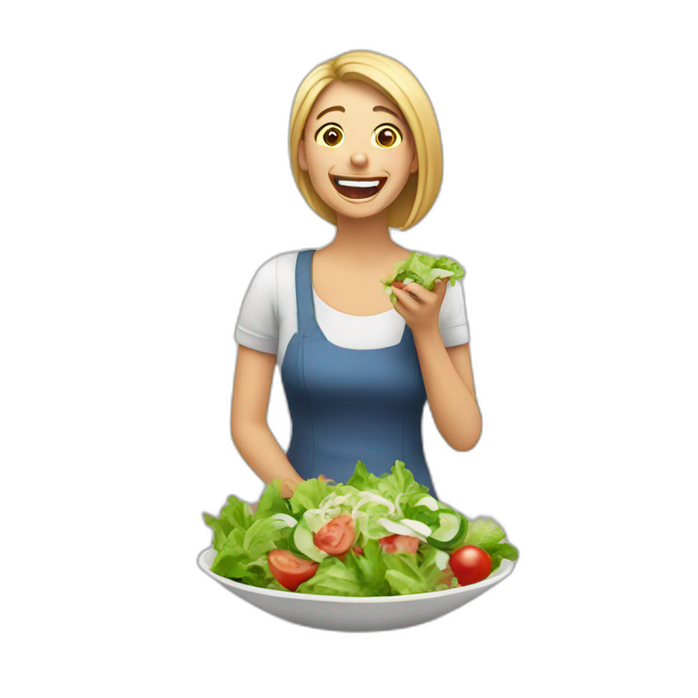 woman eating sallad and laughing emoji