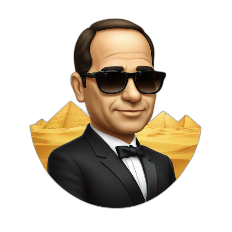 Satirical cartoon Egyptian President Al Sisi in a tuxedo wearing sun glasses with egyptian flag emoji