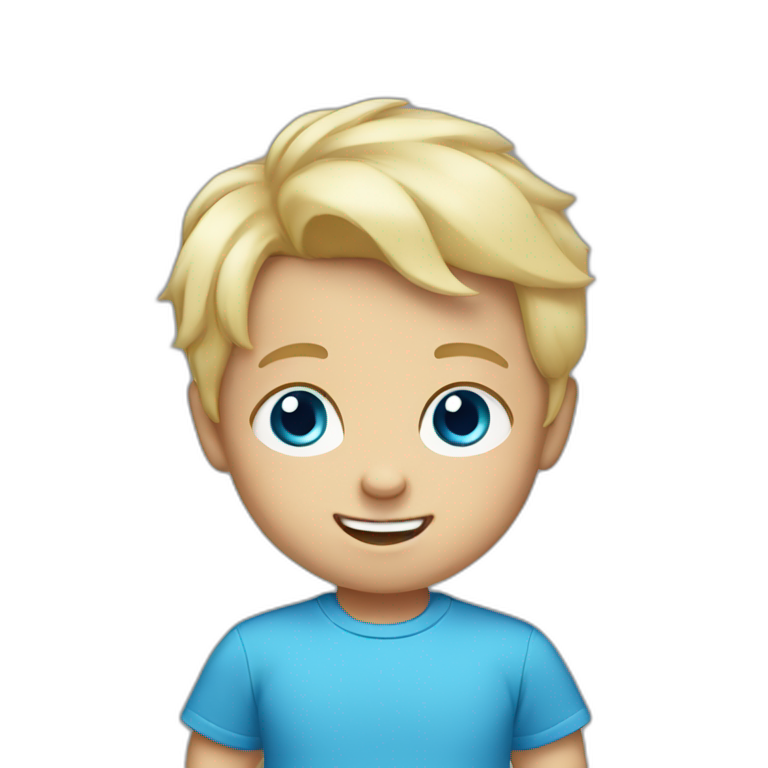 A baby boy with blonde hair, blue eyes and a blue t-shirt and with teeth emoji