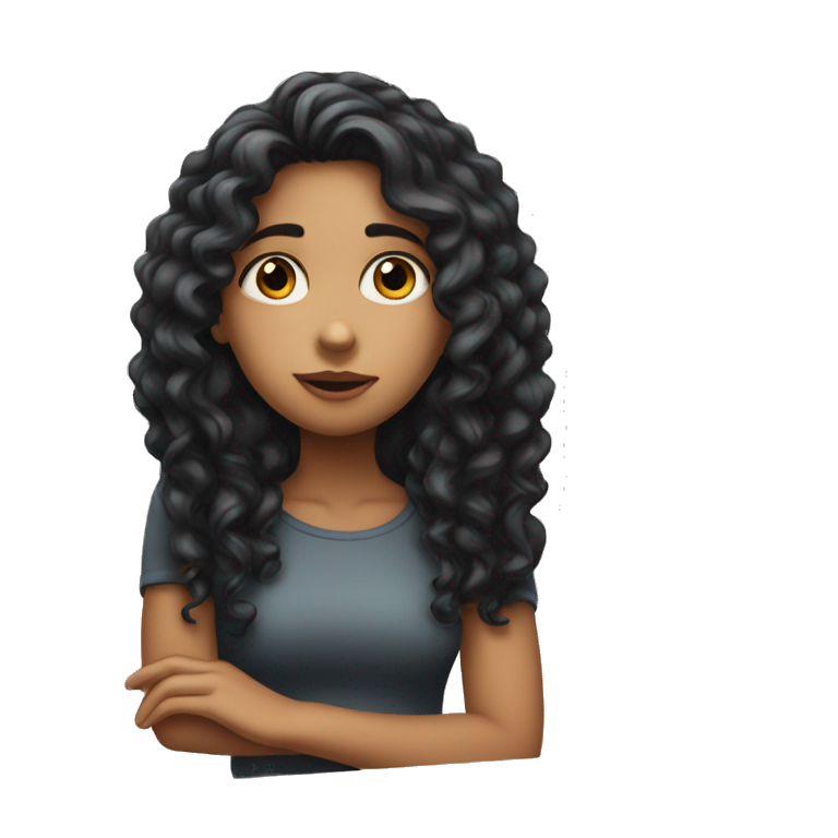 girl with long curly black hair with her hand on her chin thinking emoji
