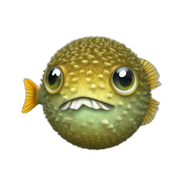 3d sphere with a cartoon economic seagrass Pufferfish skin texture with filthy eyes emoji