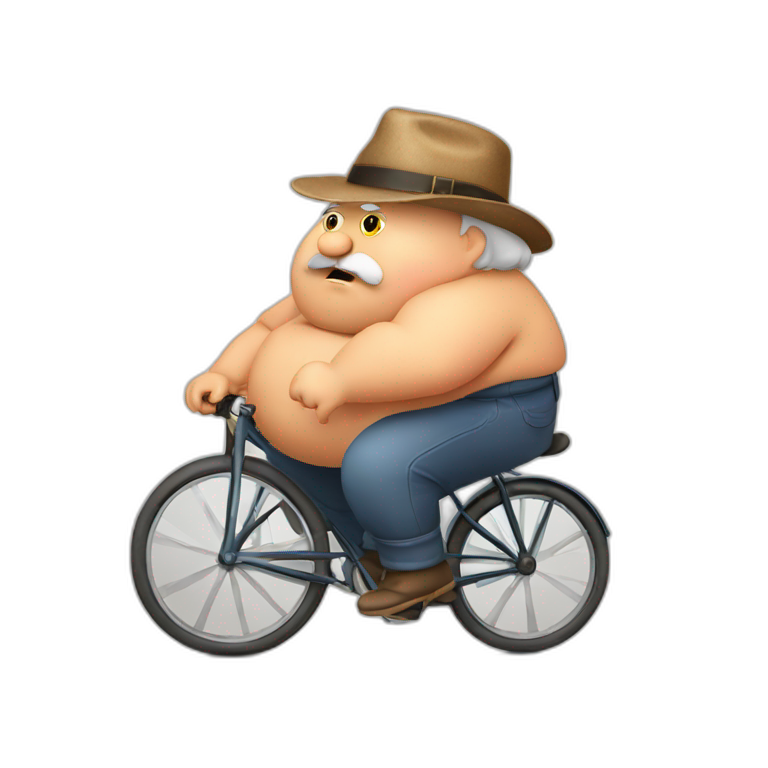 very fat grandfather. with a grandfather's hat on his head. riding an old bicycle. with a tired face. emoji