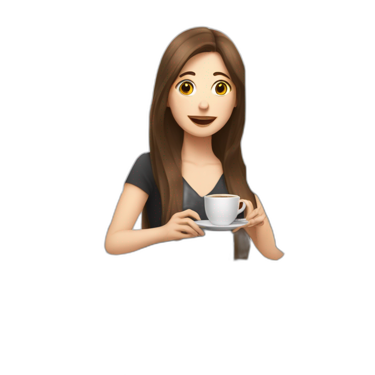 woman with pale skin and long brown hair behind a computer juggling with coffee cups emoji