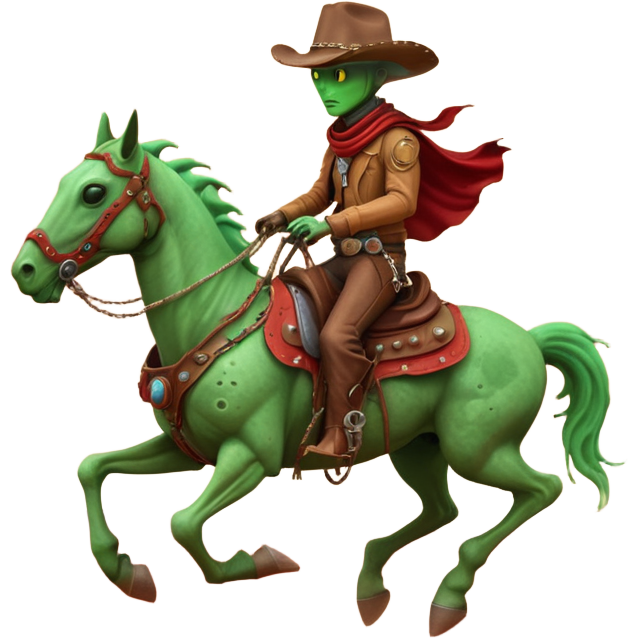 An alien cowboy riding a mechanical horse across a red Martian desert ...