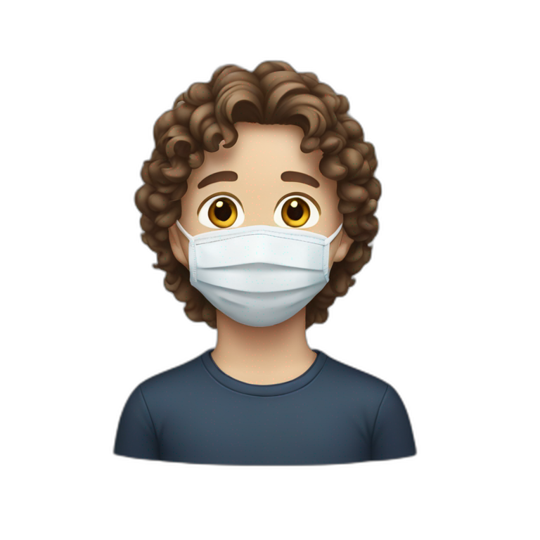 White Young boy with long brown curly hair and Covid facemask emoji