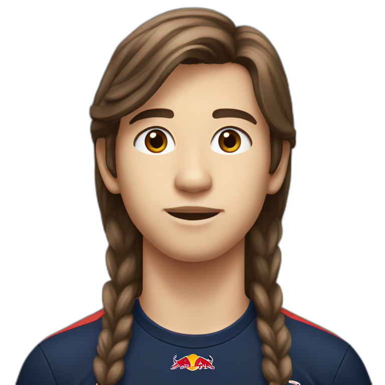 A 15 years old boy with long-brown hair and red bull  racing t-shirt emoji