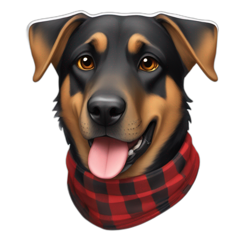 adult 75% Coonhound 25% German Shepherd mix dog wearing small pointed red buffalo plaid bandana emoji