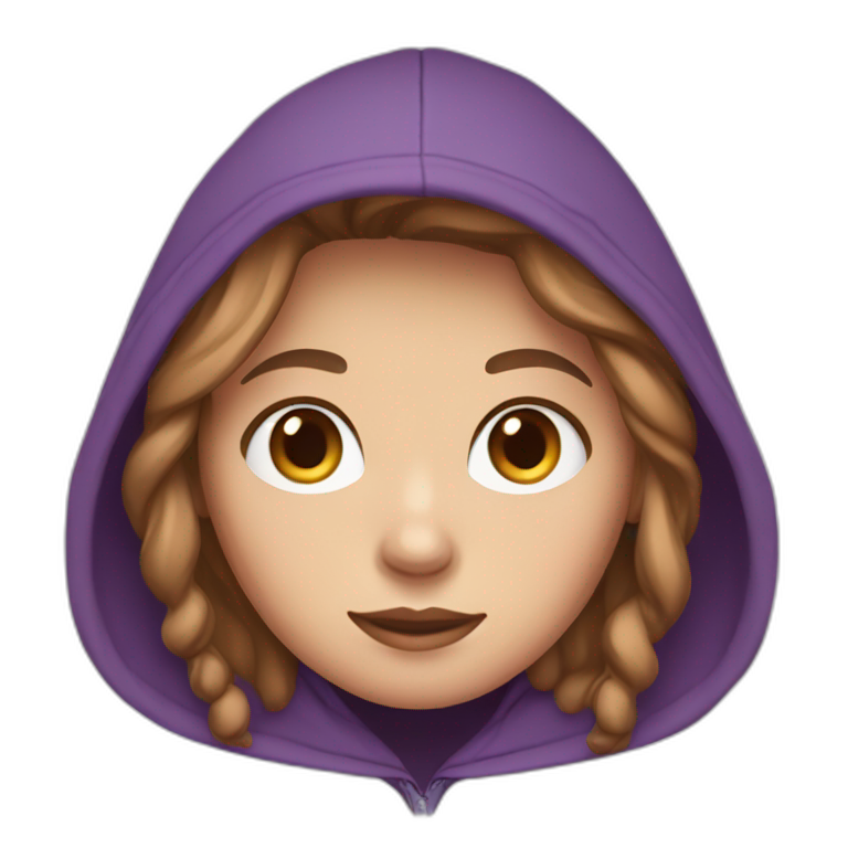 A girl with white skin, light brown hair, brown eyes, and wearing a purple hoodie  emoji
