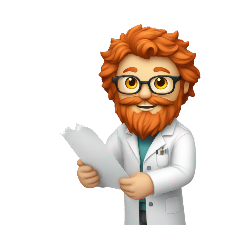A red-bearded cat engineer in a lab coat holds a white piece of paper next to a 3d printer. emoji