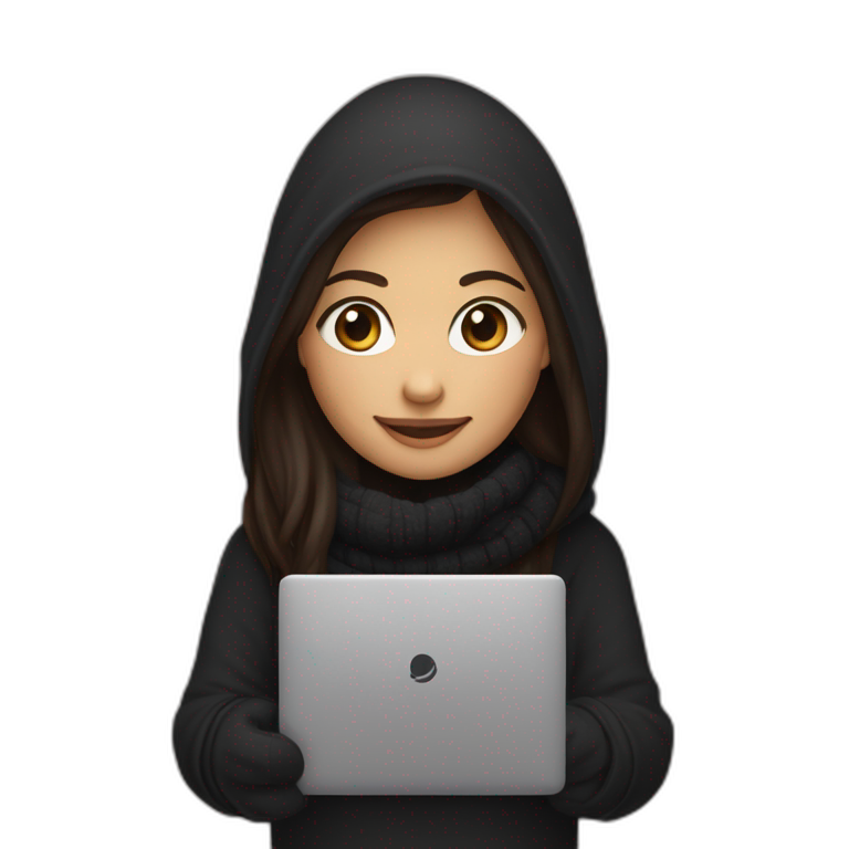 Female with middle dark brown long straight hair wearing black hoodie and black woolly scarf holding a closed laptop and a coffee mug on her hands and smiling with both her eyes and mouth emoji