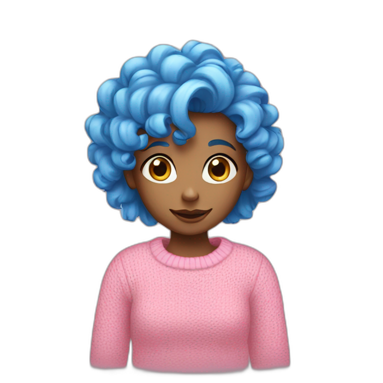 A girl, with curly blue hair, blue eyes, wearing a pink sweater. emoji