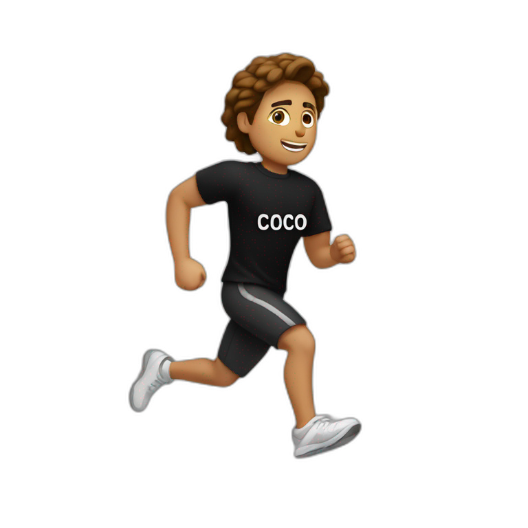 white person running with a black tshirt ans the word COCO in white emoji