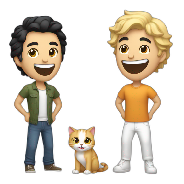 Gay couple, 1 guy Latino black straight hair and 1 Australian white guy with blonde slightly curly hair laughing full body and a cat in the middle emoji