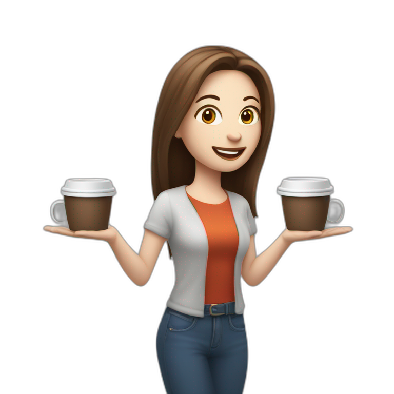 woman juggler with long straight brown hair and pale skin juggling three coffee cups and two mini laptops in the air emoji