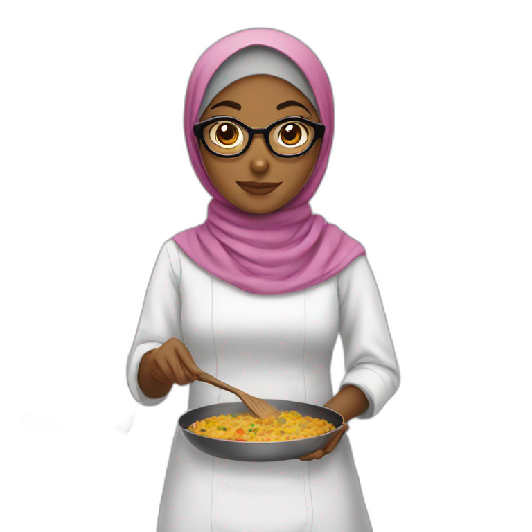 Girl wear hijab with brown skin and glasses wear while dress and she cooking  emoji