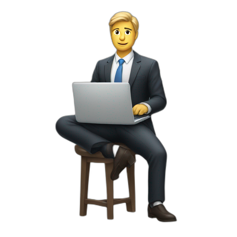 man sitting on stool wearing a suit holding up a laptop emoji