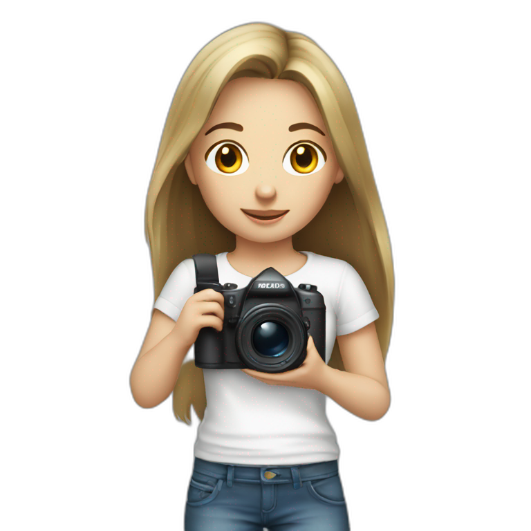 young very dark blond hair girl with camera and white T-shirt emoji