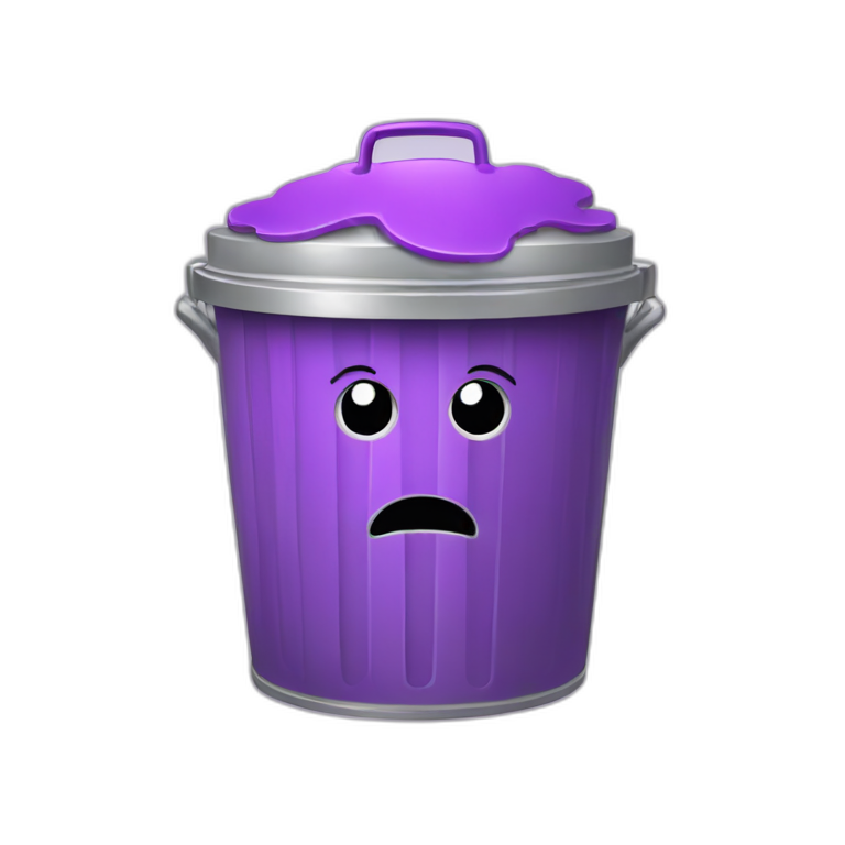 a silver trash bin with a smiley face with purple brain lid emoji