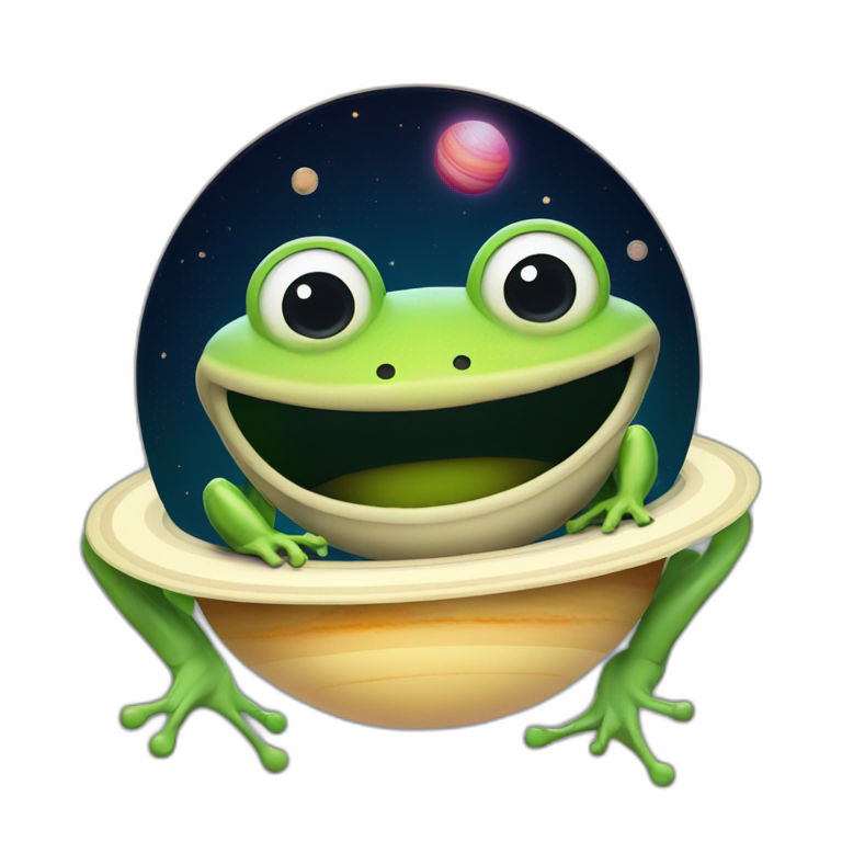 planet Saturn with a cartoon beaming frog face with smiling eyes emoji