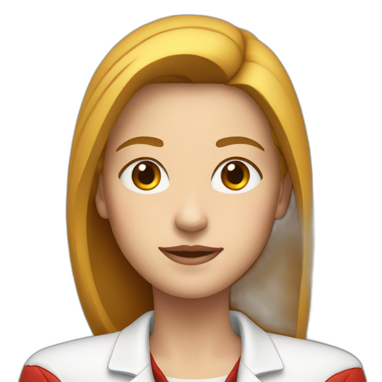 Young white woman, wearing white shirt and red jacket, both hand above her shoulders  emoji