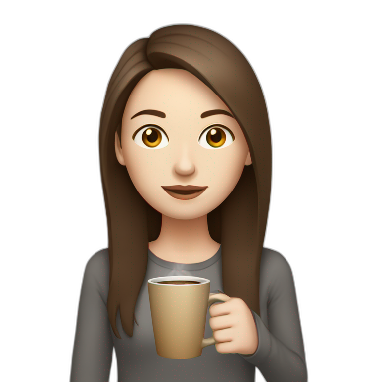 woman with long straight brown hair and pale skin carrying laptop and a coffee mug emoji
