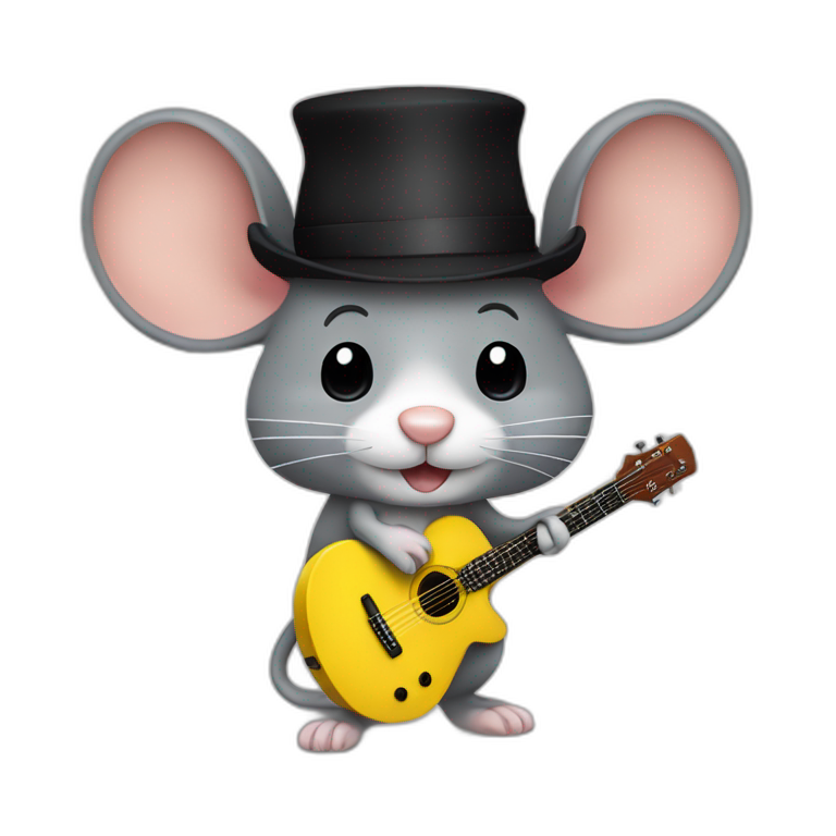 adult grey jerry mouse with white moustache, big black hat, and yellow guitar emoji