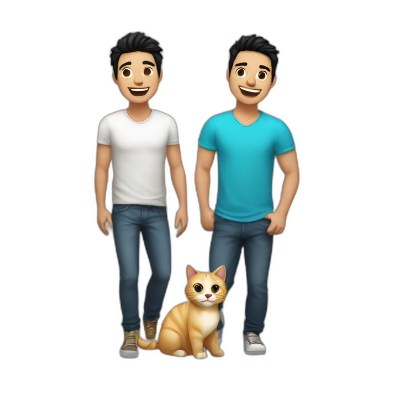 Gay couple, 1 guy Latino black hair and 1 Australian guy blonde hair with a cat laughing full body emoji