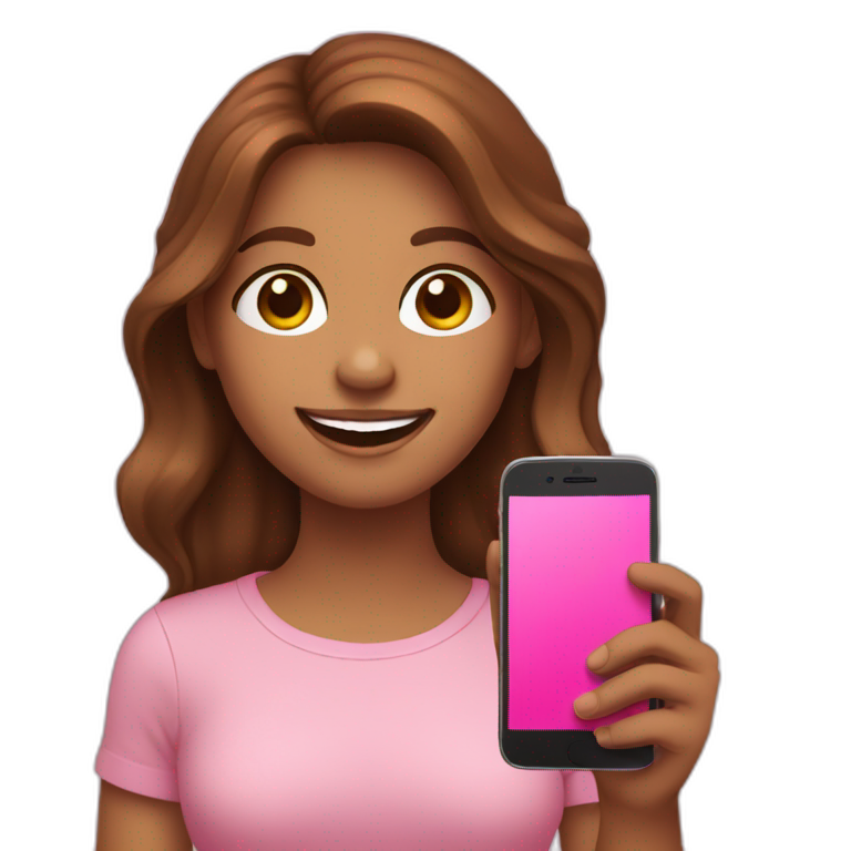brown-haired girl, smiling and holding a pink cell phone in her hand emoji