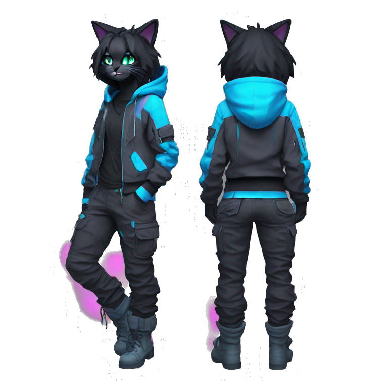 Edgy Anthro cool pretty colorful dark cat-fursona techwear cargo pants hoodie emoji