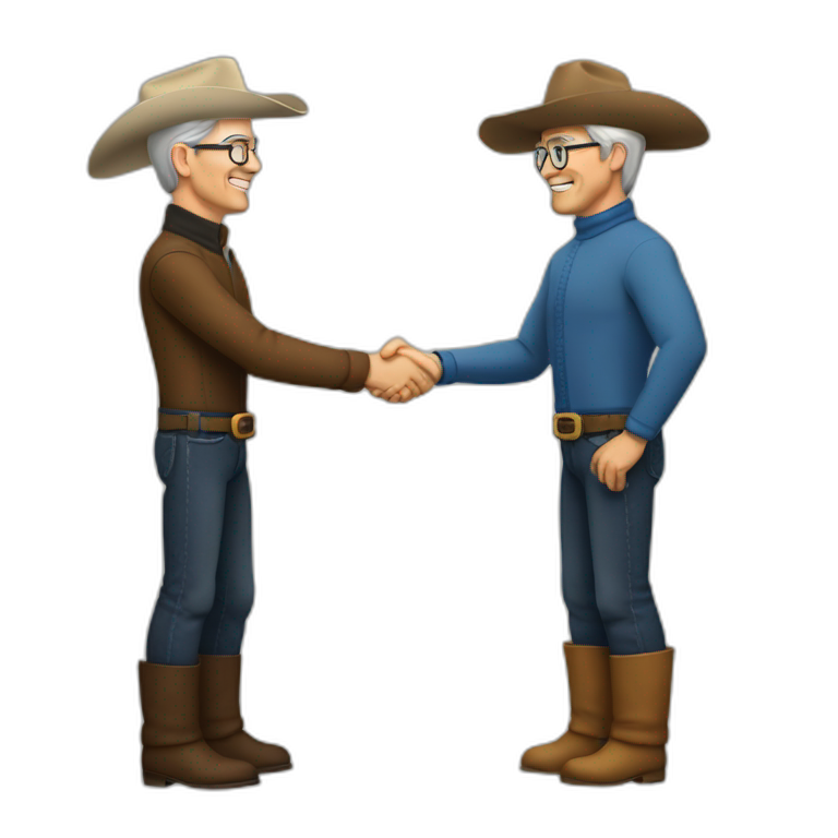 Tim Cook in turtle neck shaking hands with a caucasian cowboy emoji
