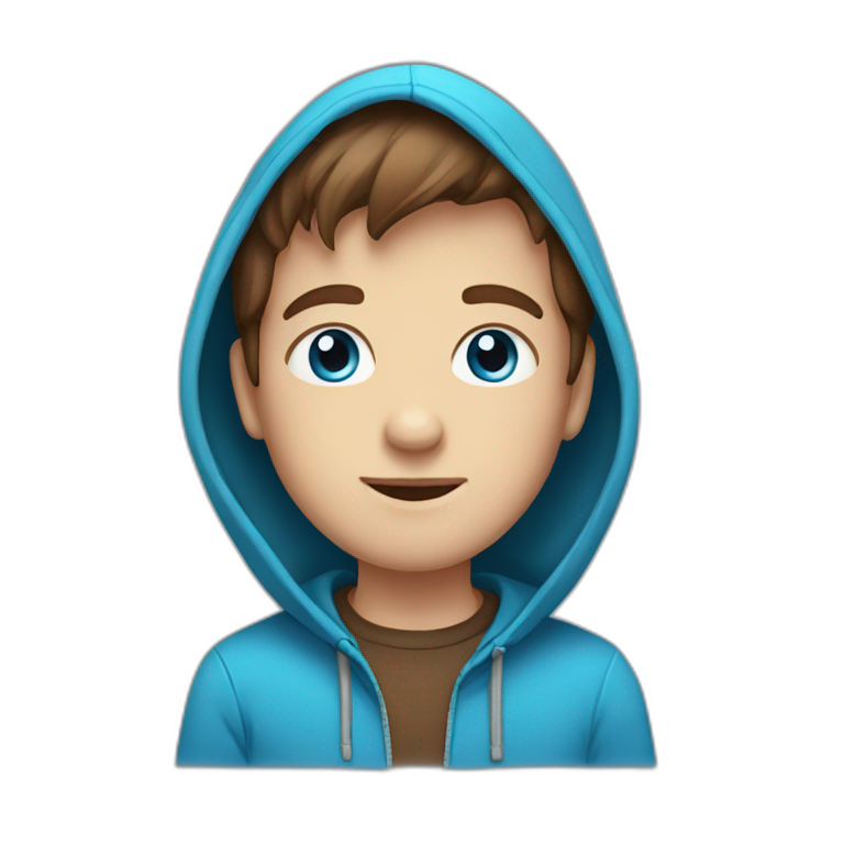 Boy with blue eyes and brown hair and braces wearing a hoodie emoji