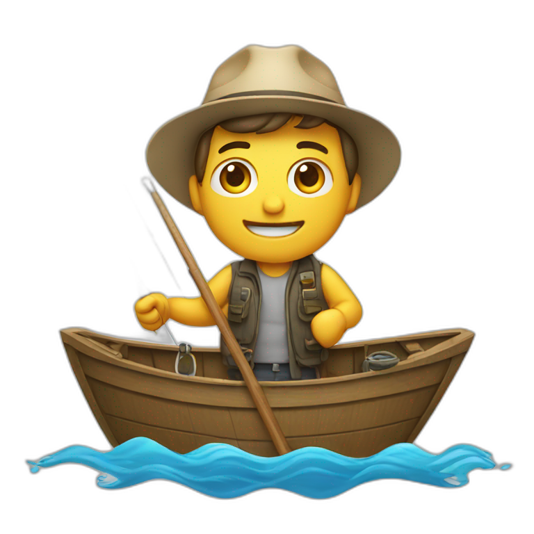 Man on a boat with a fishing rod and a large hook emoji