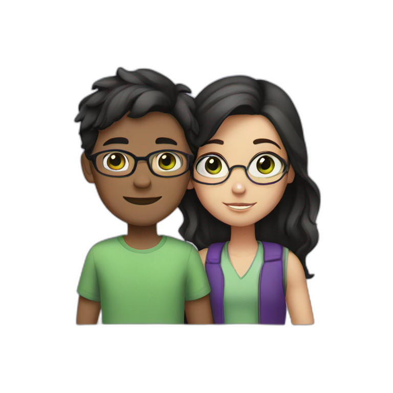 boy and girl hugging each other. the boy is white with green eyes, has black wavy hair and wearing glasses. the girl has brown eyes, and medium-short straight hair dyed in purple, no glasses. emoji