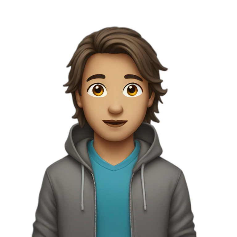 boy with long brown hair in hoodie with earrings emoji