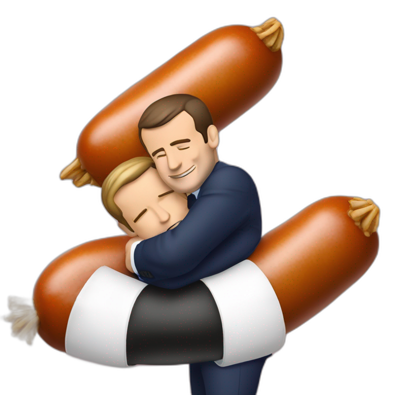 emmmanuel macron hugging a giant saussage emoji