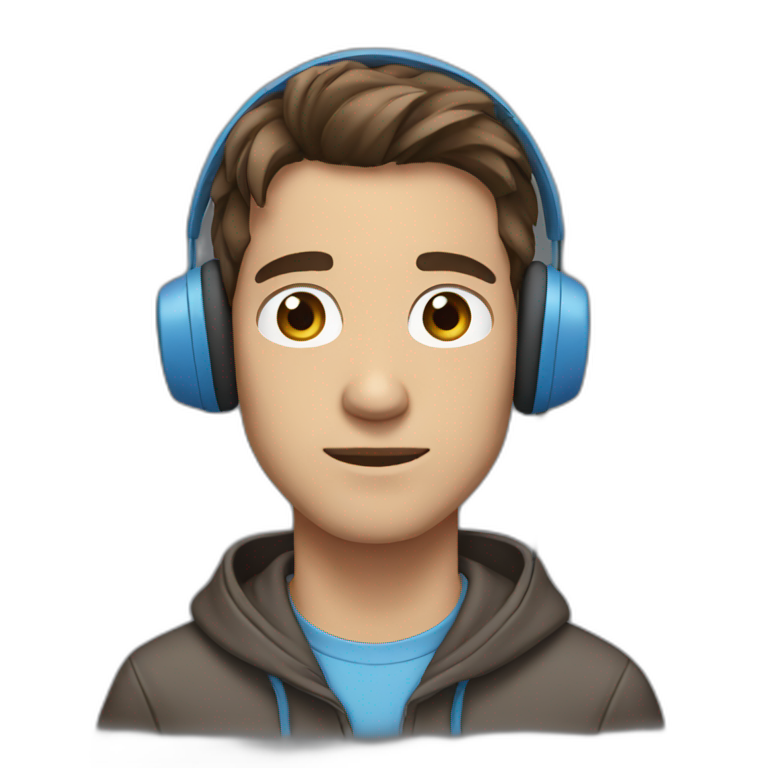 male, brown hair, brown eyes, headphones, blue hoodie, straight face emoji