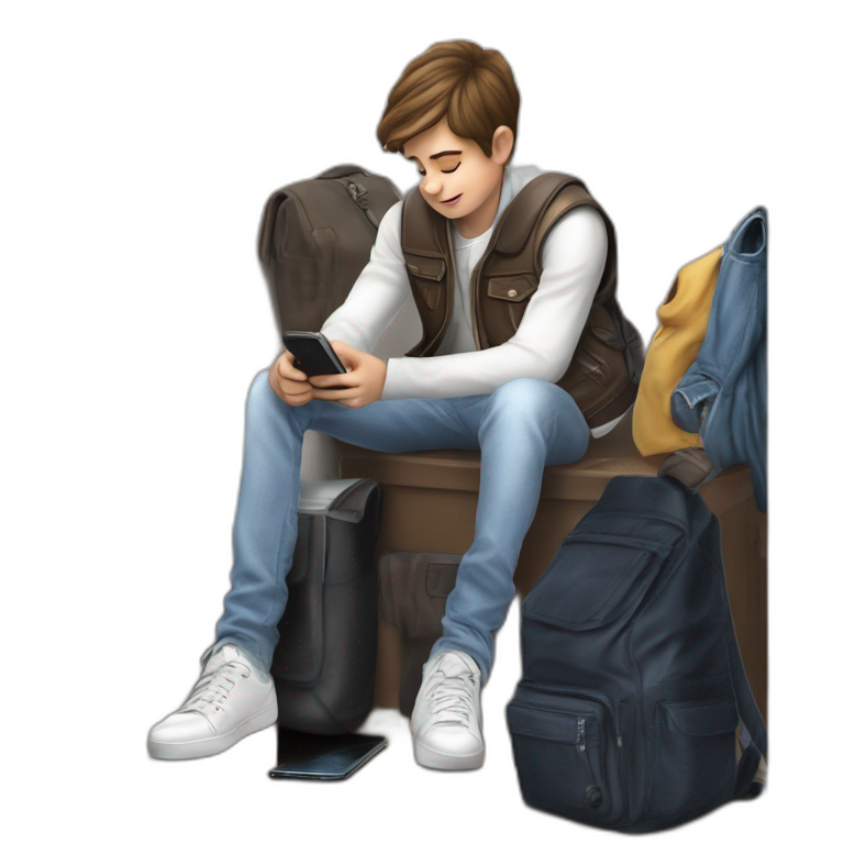 boy with brown hair holding phone emoji