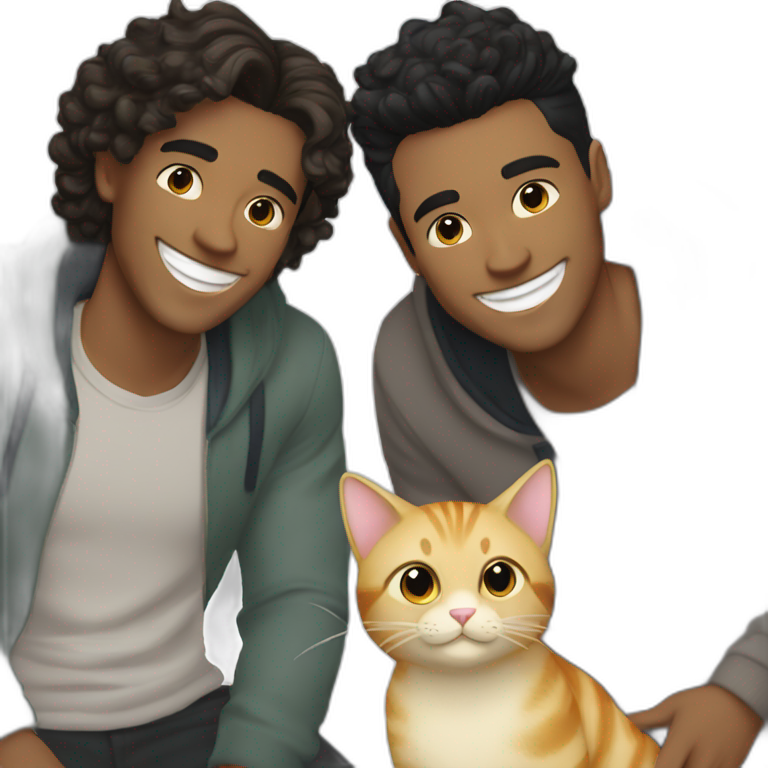 Gay couple, 1 guy Latino black straight hair and 1 Australian guy with blonde slightly curly hair with a cat laughing full body emoji