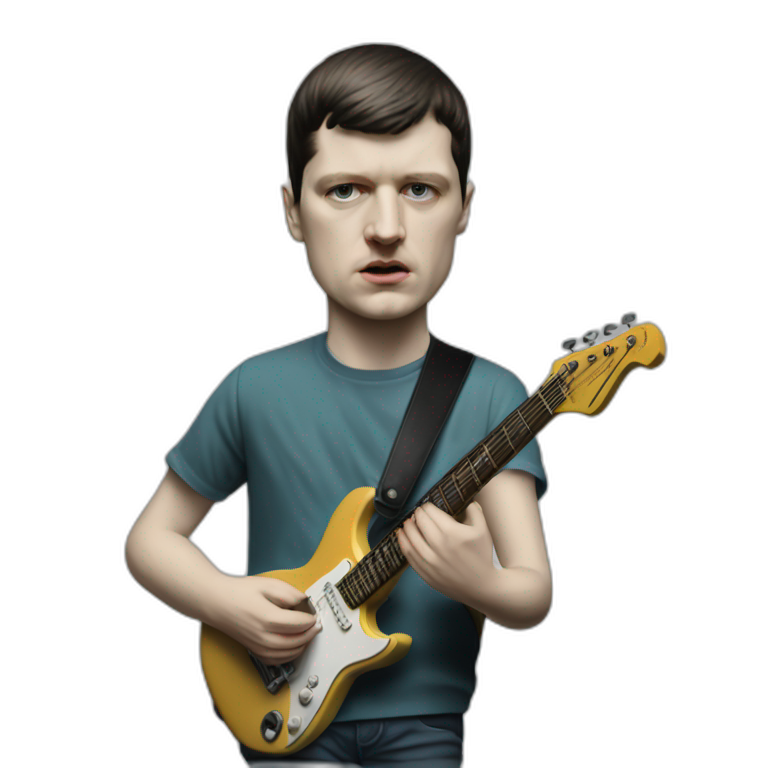 photo realistic Ian Curtis, standing, playing electric guitar, full body front view emoji
