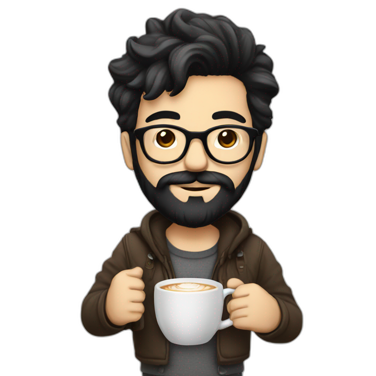 Hipster with black hair, beard and glasses drinking cappuccino   emoji