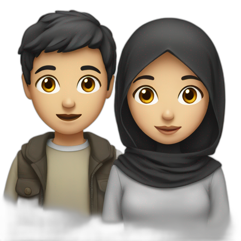 Boy with dark hair and girl with dark hair and girl in hijab emoji