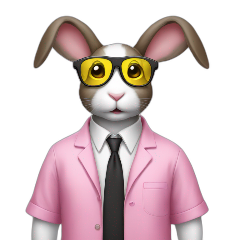 Specialist rabbit pink, glasses black, wears shirt yellow emoji