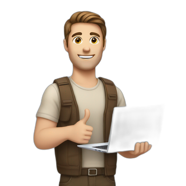 white man brown hair holding laptop thumbs up emoji
