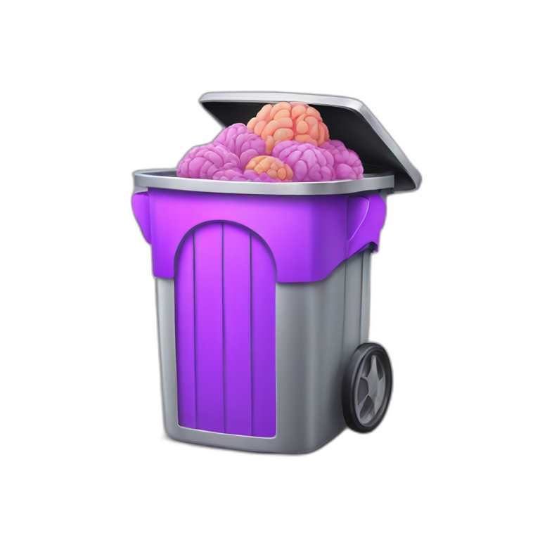 a silver trash bin with a smiley face filled with single purple brain emoji