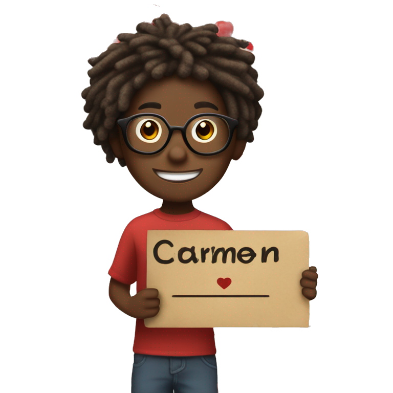 Black boy with red medium length dreadlocks holding a sign that says “Carmen” with a red heart on the sign underneath the word, the boy is also smiling and is wearing glasses  emoji