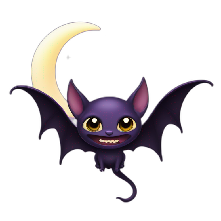 purple black vampire bat sparkle eyes wings flying in front of large dripping crescent moon emoji