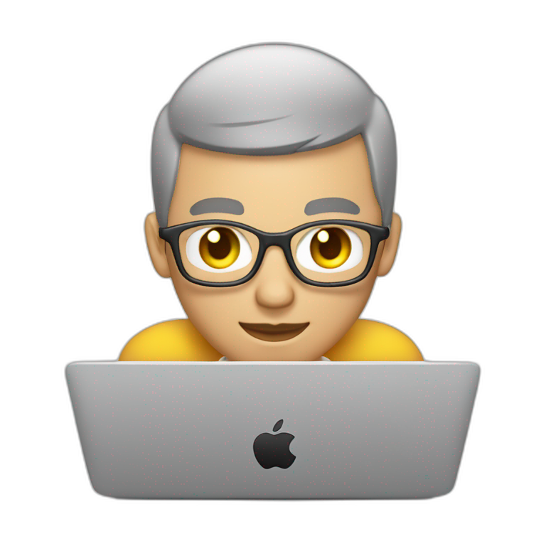 software engineer (white man, buzz cut hair, white gold earrings) in front of laptop, apple-style emoji