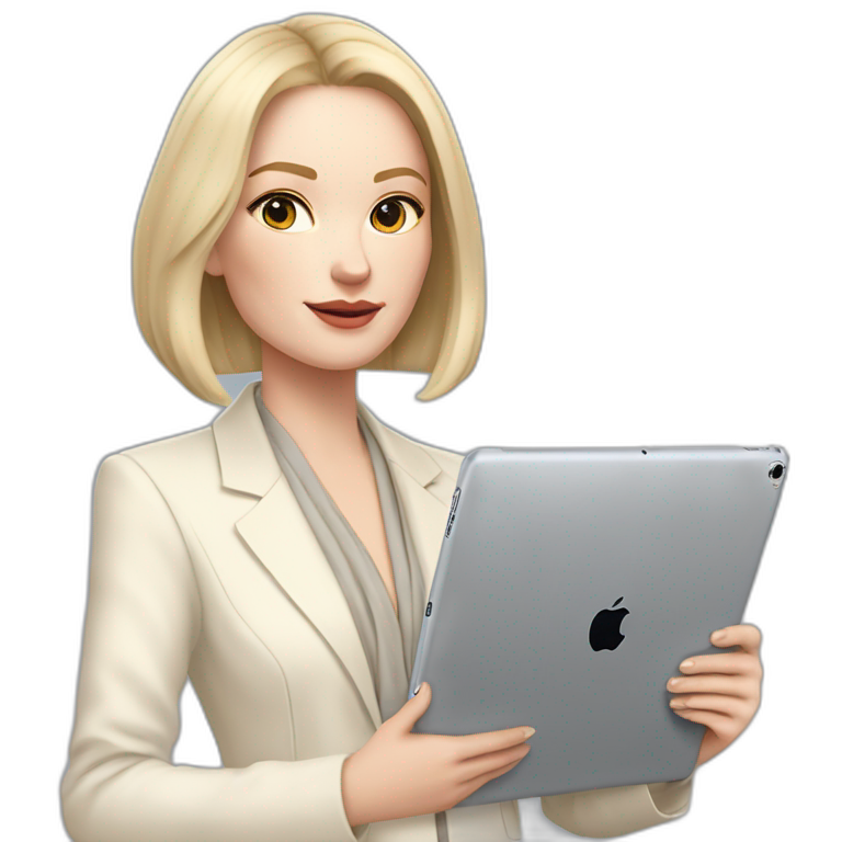 pale skin woman with ash blonde Straightened bob Hair, White Spacious classical jacket, beige palazzo Arrow pants and gray blouse holding a IPad Pro 12.9” in the hands emoji