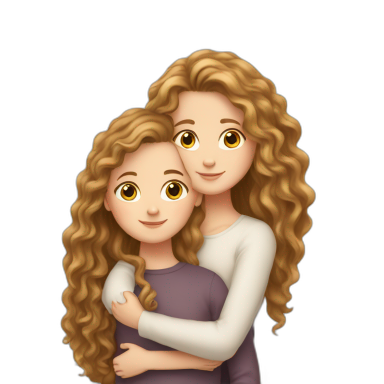 White girl with long brown curly hair hugs white girl with light brown straight hair  emoji